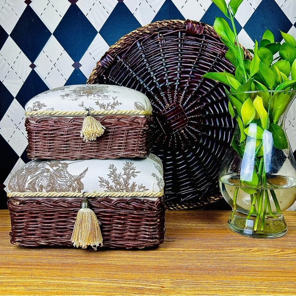 Handwoven Rattan Round Basket‎ Tray – Primitive Rustic Decor Vintage 17”